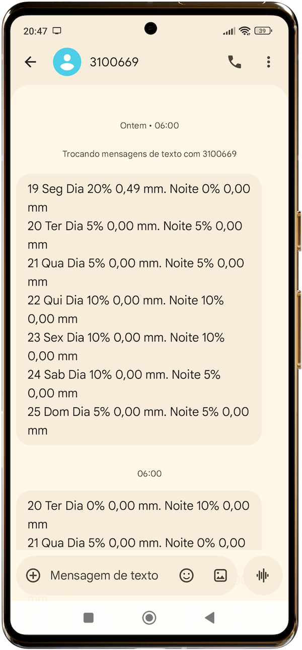 Screenshot do SMS com previsão do tempo